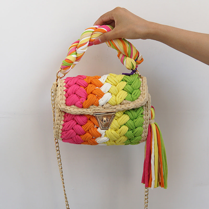 F&R Pure Handmade Cloth Strip Rainbow Bag