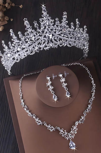 F&R Silver Crystal Drop Bridal Jewelry Set