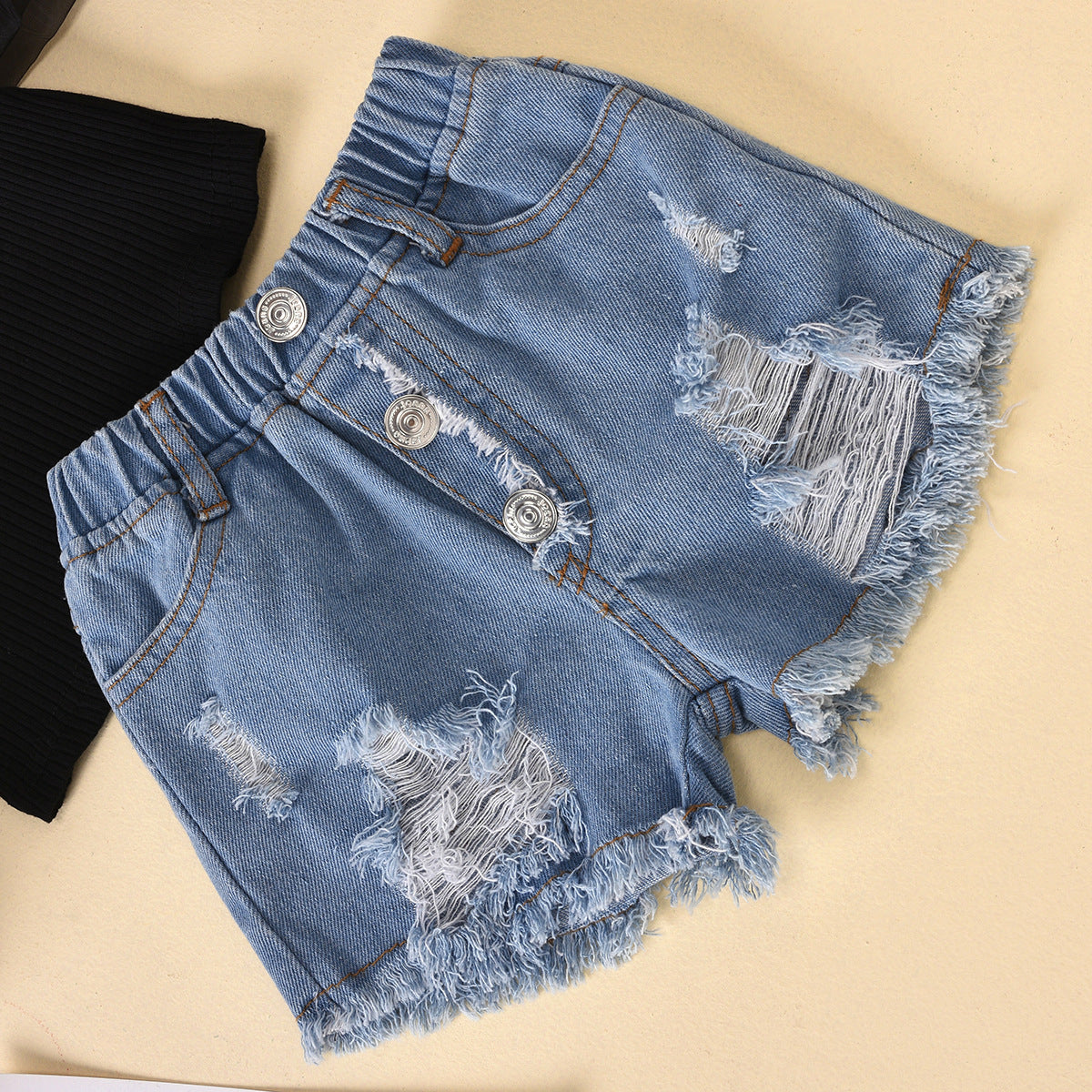 Kids Cotton Striped Top & Ripped Denim Shorts Set – Mesh Sleeve Design