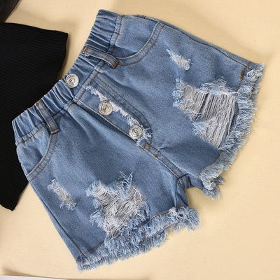 Kids Cotton Striped Top & Ripped Denim Shorts Set – Mesh Sleeve Design