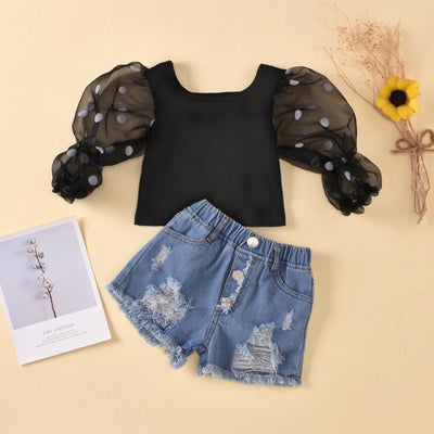 Kids Cotton Striped Top & Ripped Denim Shorts Set – Mesh Sleeve Design