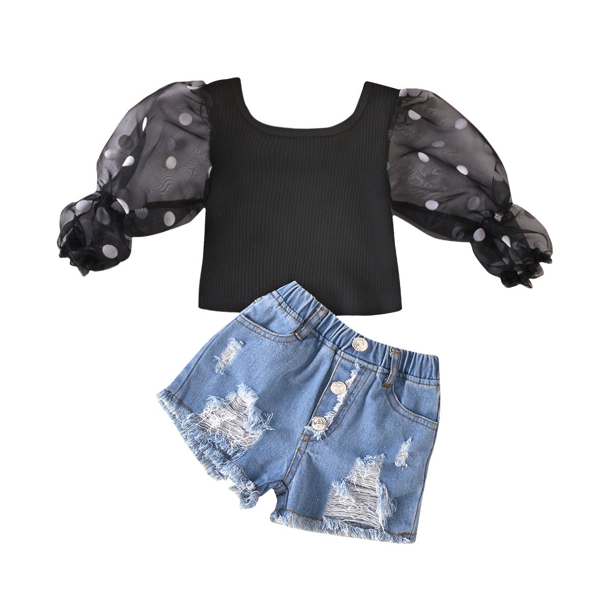 Kids Cotton Striped Top & Ripped Denim Shorts Set – Mesh Sleeve Design