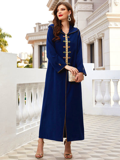F&R Navy Gold-Rimmed Diamond Hooded Abaya