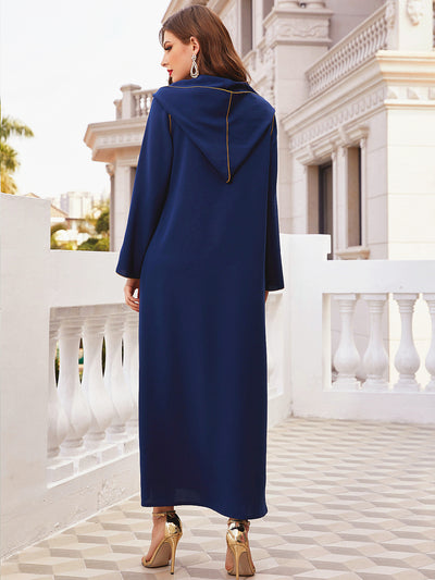 F&R Navy Gold-Rimmed Diamond Hooded Abaya