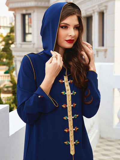 F&R Navy Gold-Rimmed Diamond Hooded Abaya