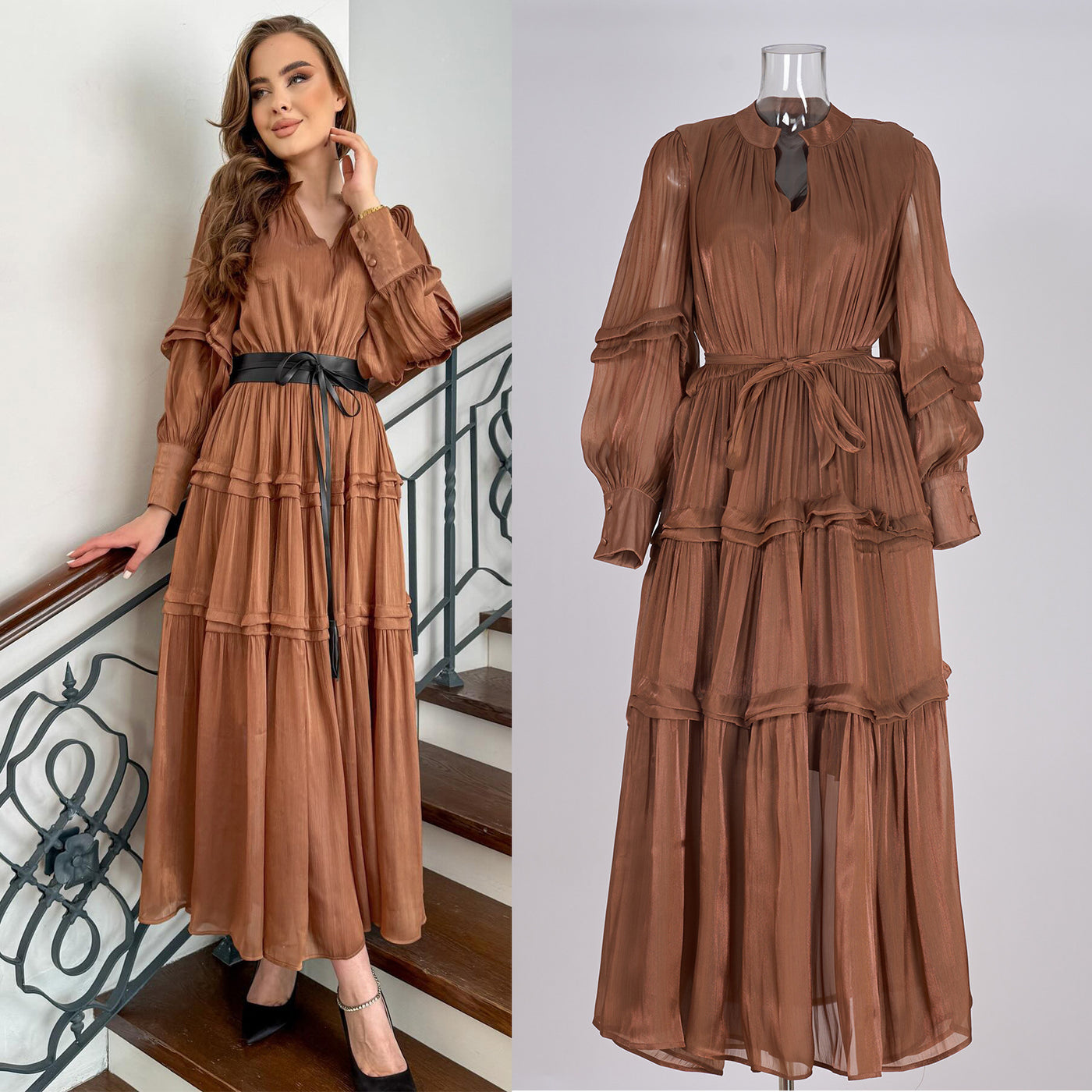F&R Serina Pleated Lantern Sleeve Dress