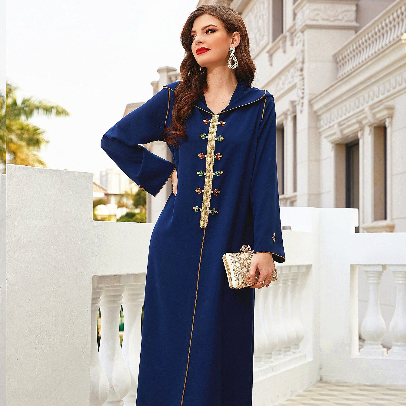F&R Navy Gold-Rimmed Diamond Hooded Abaya