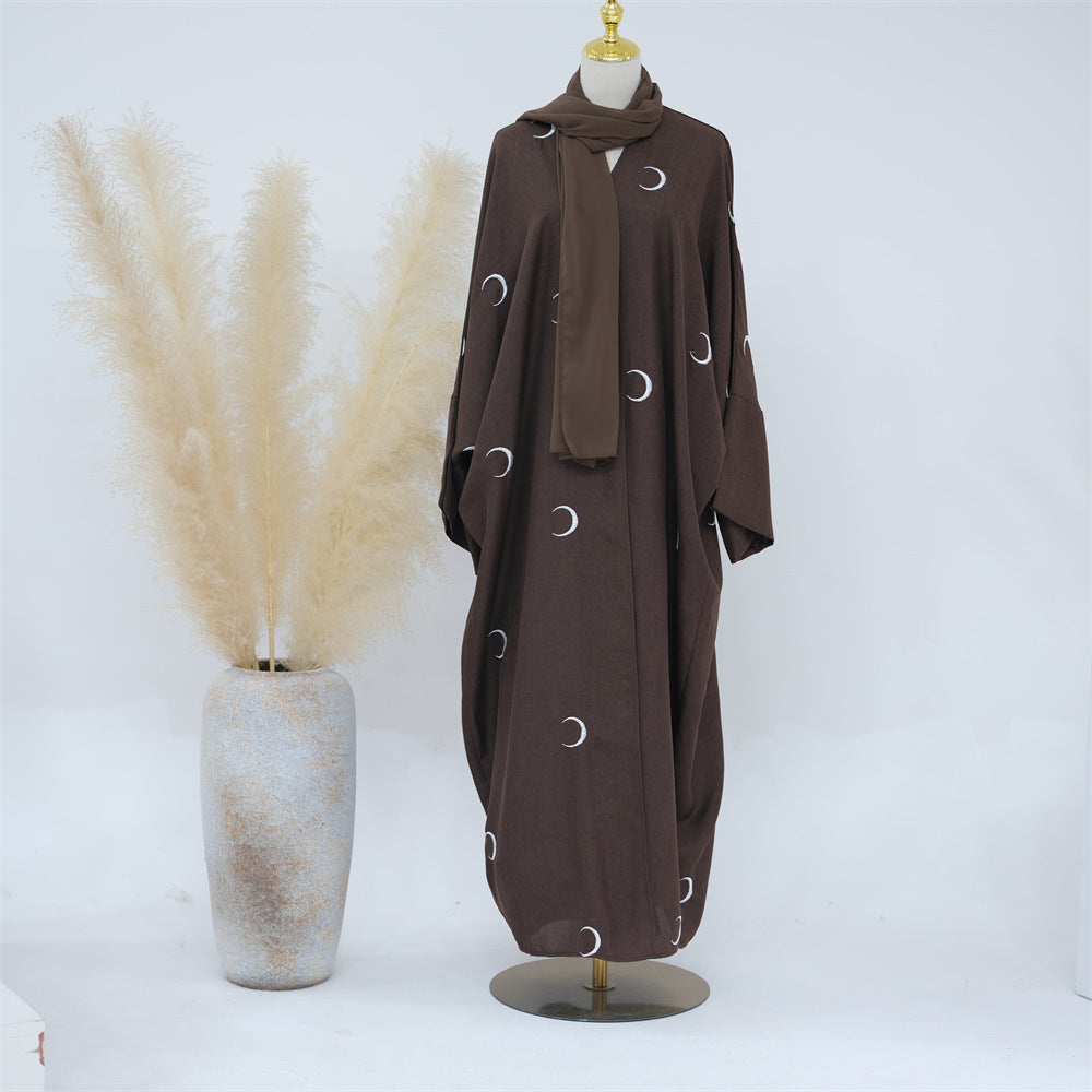 F&R Dubai Middle East Turkey Moon Embroidery Elegant Cardigan Robe | Long Sleeve Stylish Robe