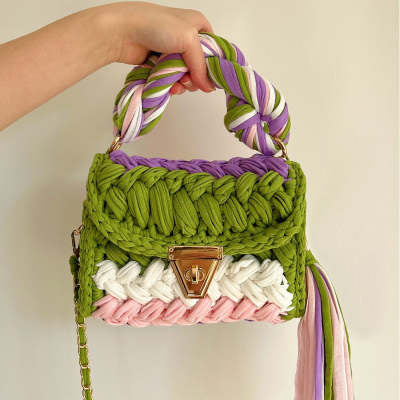 F&R Pure Handmade Cloth Strip Rainbow Bag