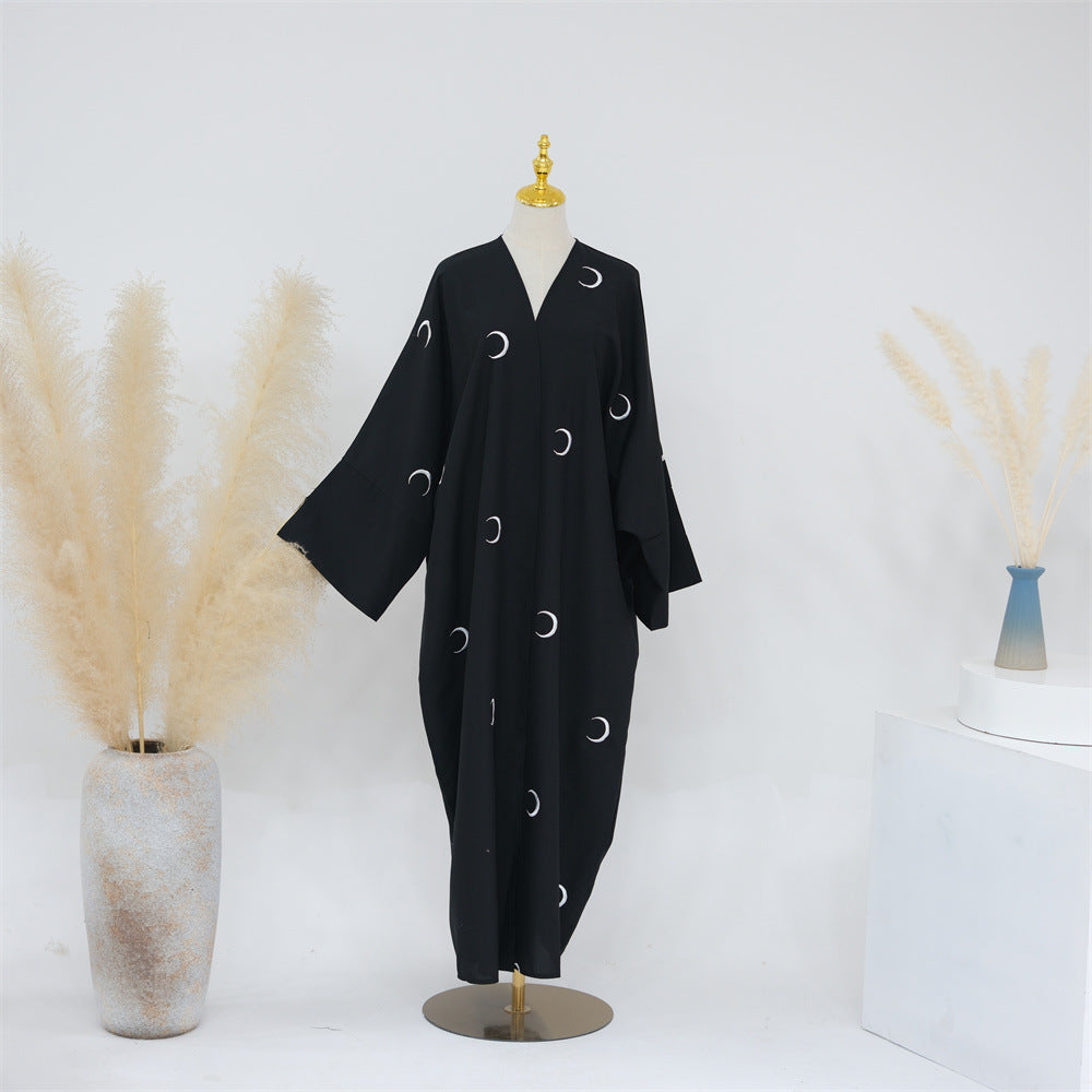 F&R Dubai Middle East Turkey Moon Embroidery Elegant Cardigan Robe | Long Sleeve Stylish Robe