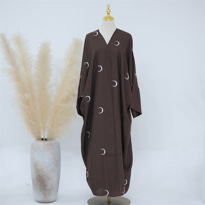 F&R Dubai Middle East Turkey Moon Embroidery Elegant Cardigan Robe | Long Sleeve Stylish Robe