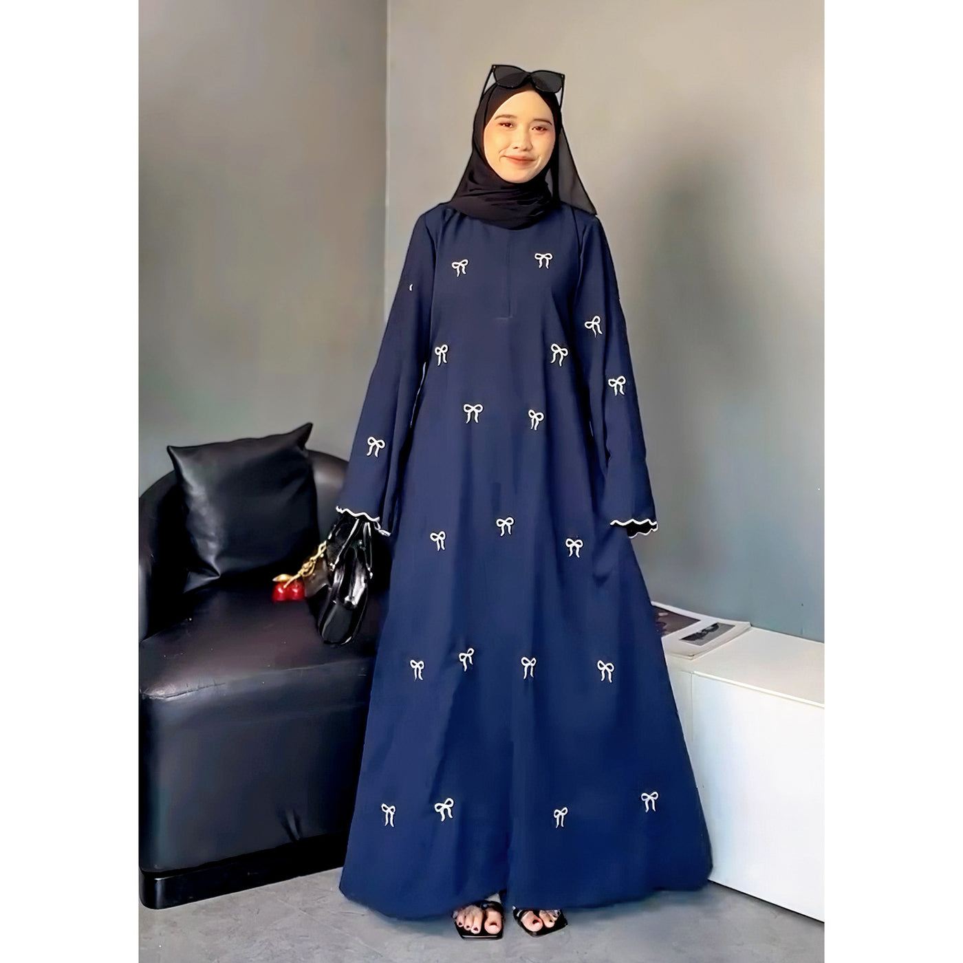 F&R Dubai Middle East Turkey Bowknot Embroidery Dress | Elegant Long Sleeve Robe