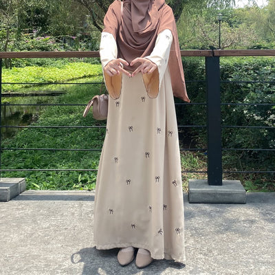 F&R Dubai Middle East Turkey Bowknot Embroidery Dress | Elegant Long Sleeve Robe