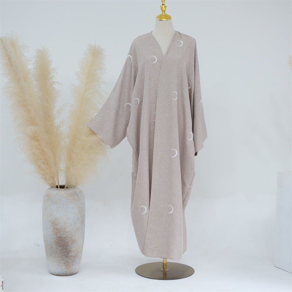 F&R Dubai Middle East Turkey Moon Embroidery Elegant Cardigan Robe | Long Sleeve Stylish Robe