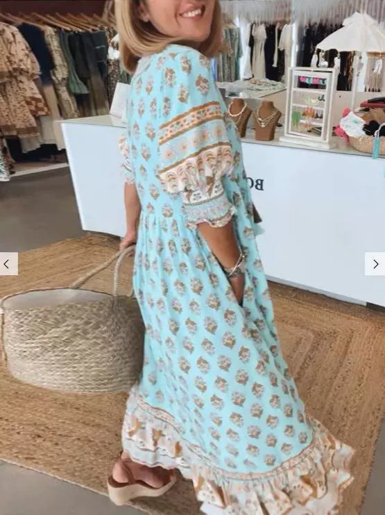 F&R Safa Boho Lantern-Sleeve Maxi Dress