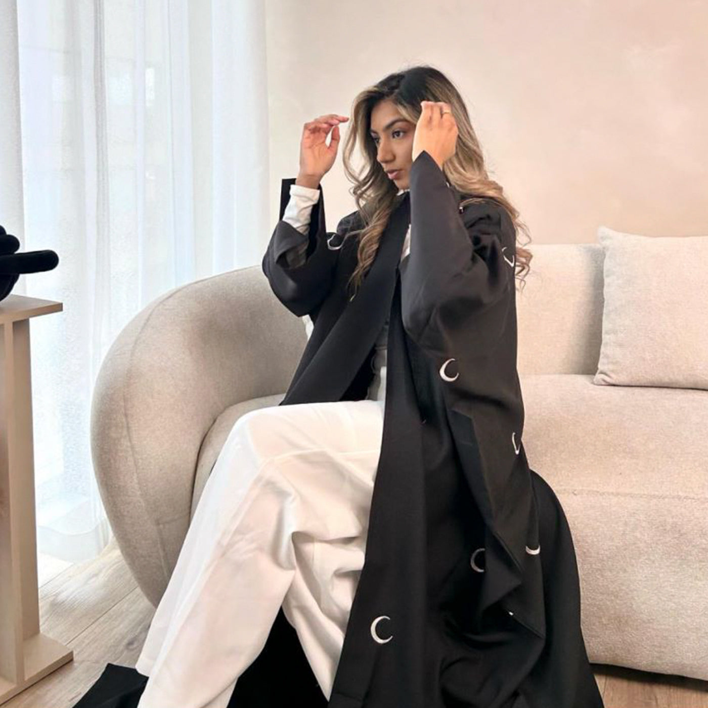 F&R Dubai Middle East Turkey Moon Embroidery Elegant Cardigan Robe | Long Sleeve Stylish Robe