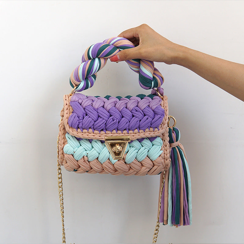 F&R Pure Handmade Cloth Strip Rainbow Bag