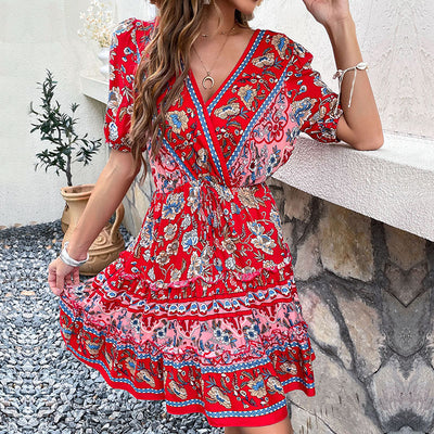 F&R Summer Lace-Up A-Line Printed Dress