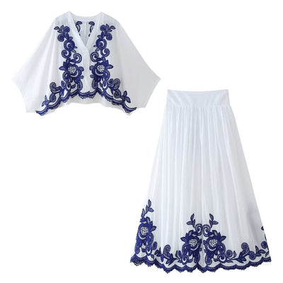 F&R Embroidery Shirt & Skirt Set – Floral Elegance