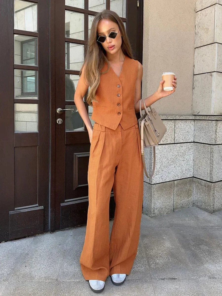 F&R Women's 2-Piece Linen Cotton Vest & Pants Suit