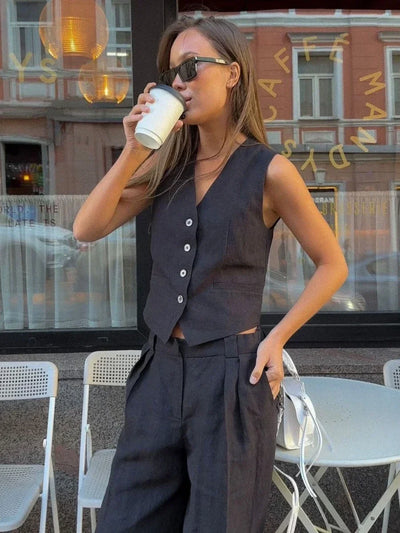 F&R Women's 2-Piece Linen Cotton Vest & Pants Suit