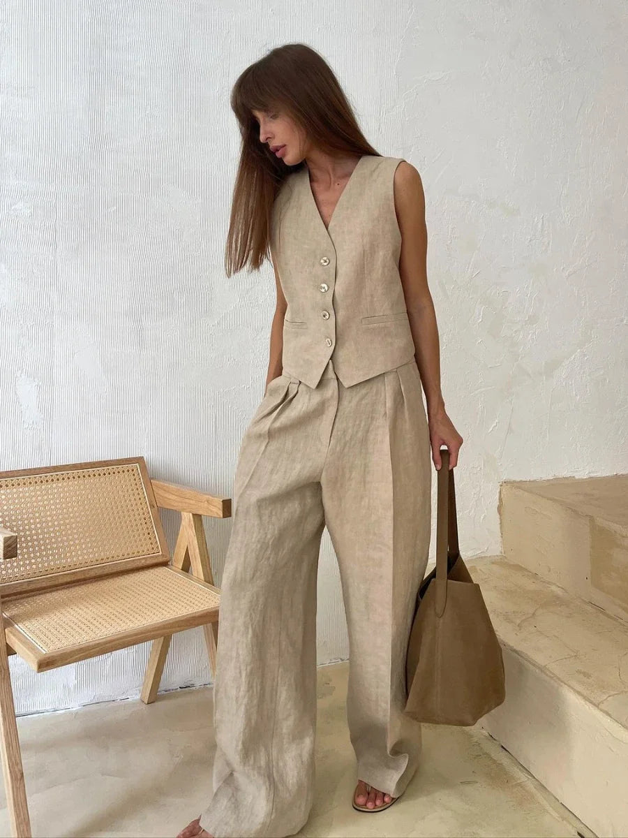 F&R Women's 2-Piece Linen Cotton Vest & Pants Suit