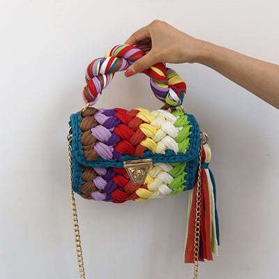 F&R Pure Handmade Cloth Strip Rainbow Bag