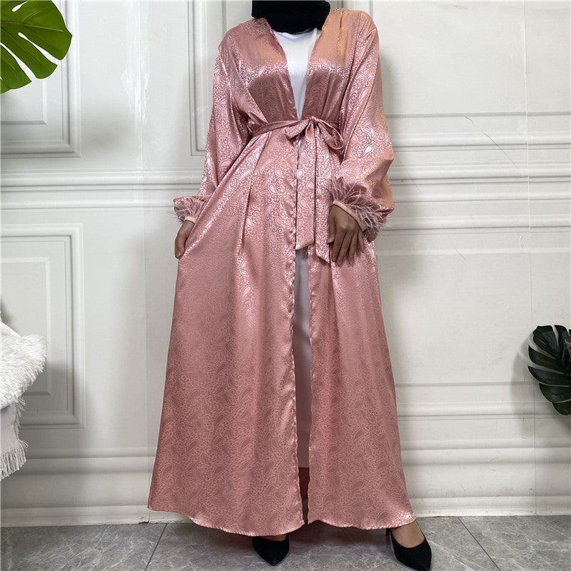 F&R Ayla Satin Feather-Trimmed Kimono