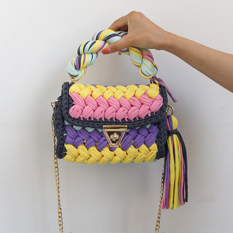 F&R Pure Handmade Cloth Strip Rainbow Bag