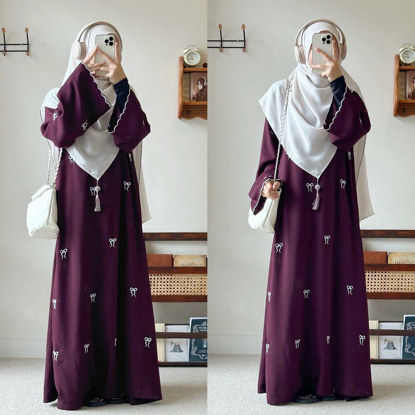 F&R Dubai Middle East Turkey Bowknot Embroidery Dress | Elegant Long Sleeve Robe