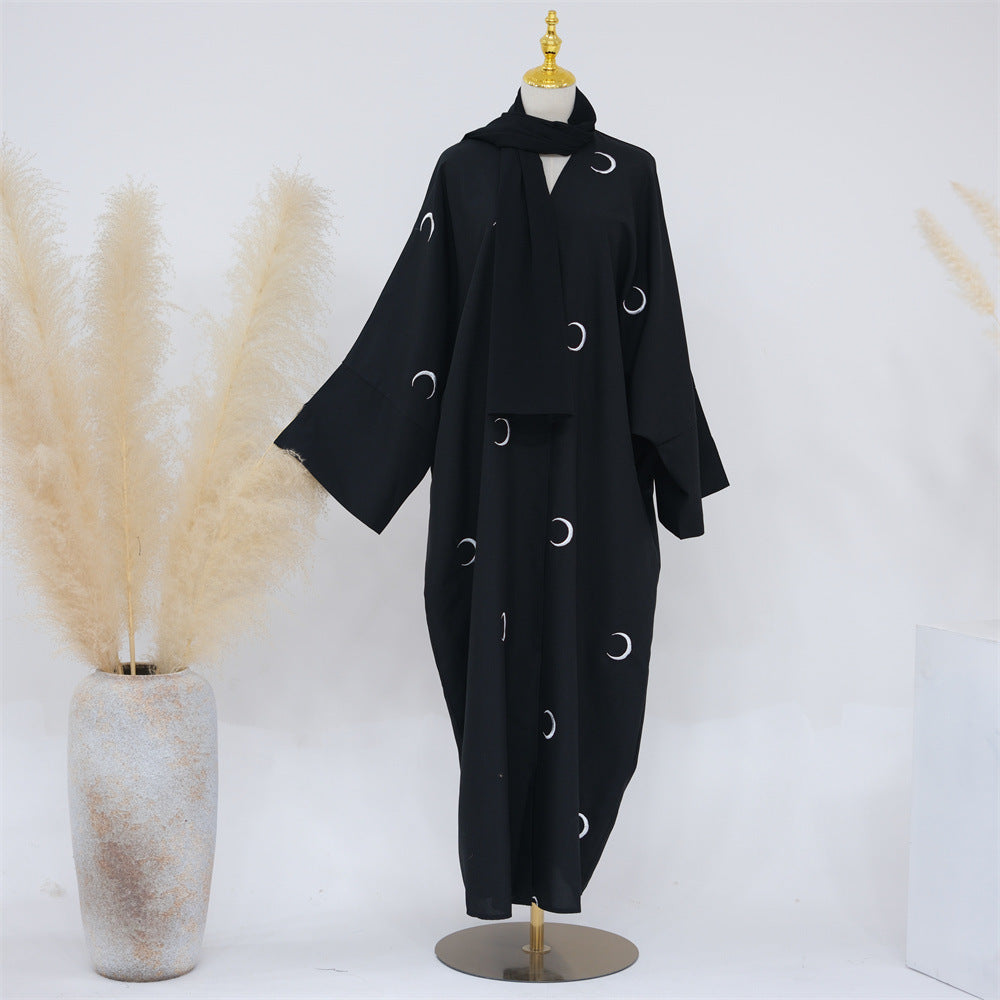 F&R Dubai Middle East Turkey Moon Embroidery Elegant Cardigan Robe | Long Sleeve Stylish Robe