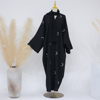 F&R Dubai Middle East Turkey Moon Embroidery Elegant Cardigan Robe | Long Sleeve Stylish Robe