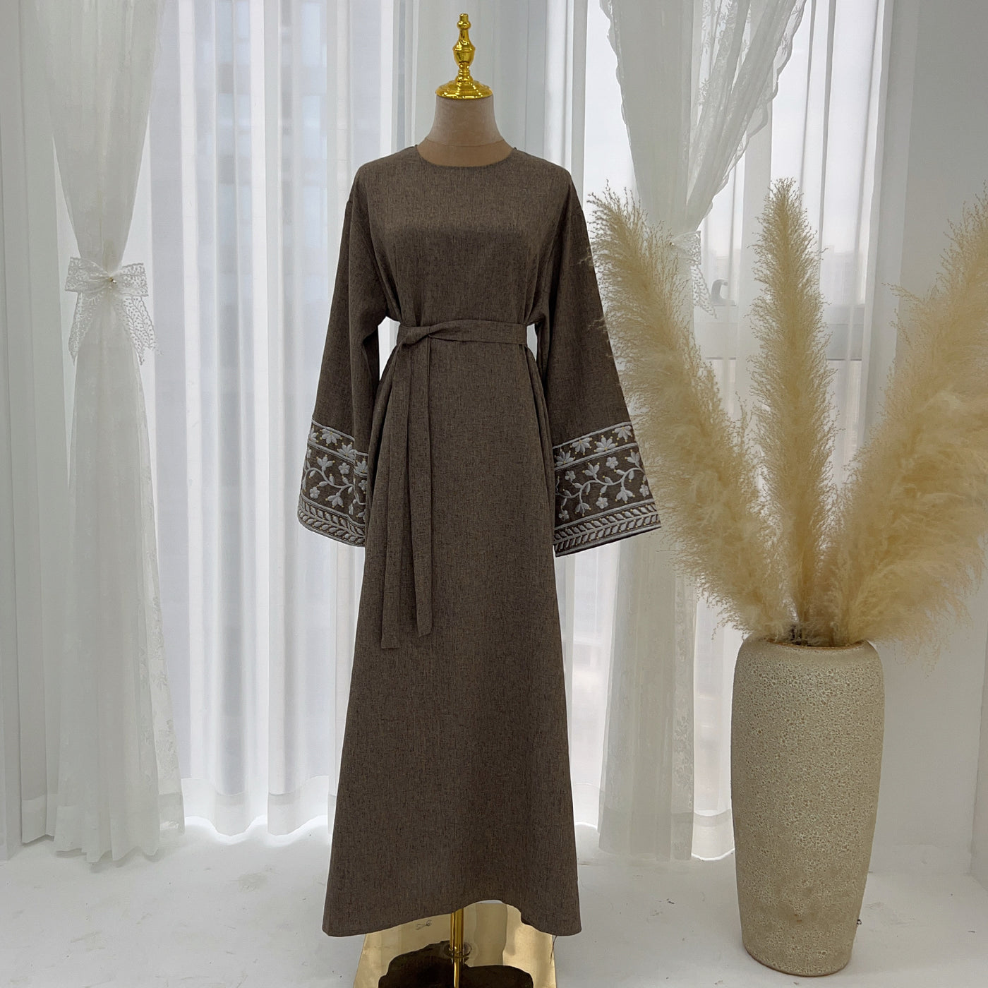 F&R Middle East Turkey Dubai Embroidered Elegant Dress Robe | Long Sleeve Modest Style