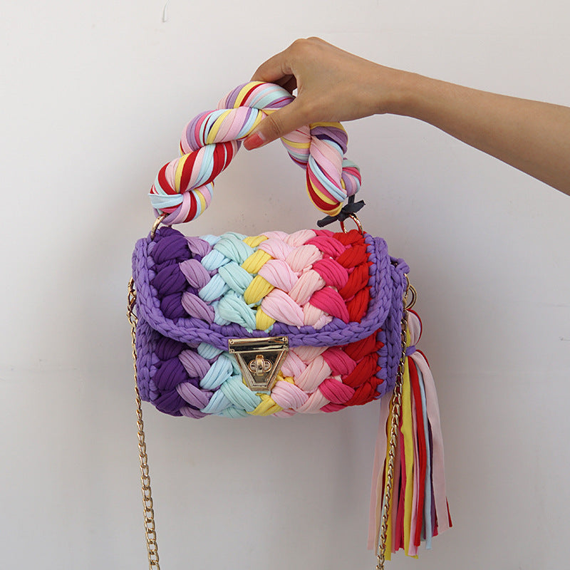 F&R Pure Handmade Cloth Strip Rainbow Bag